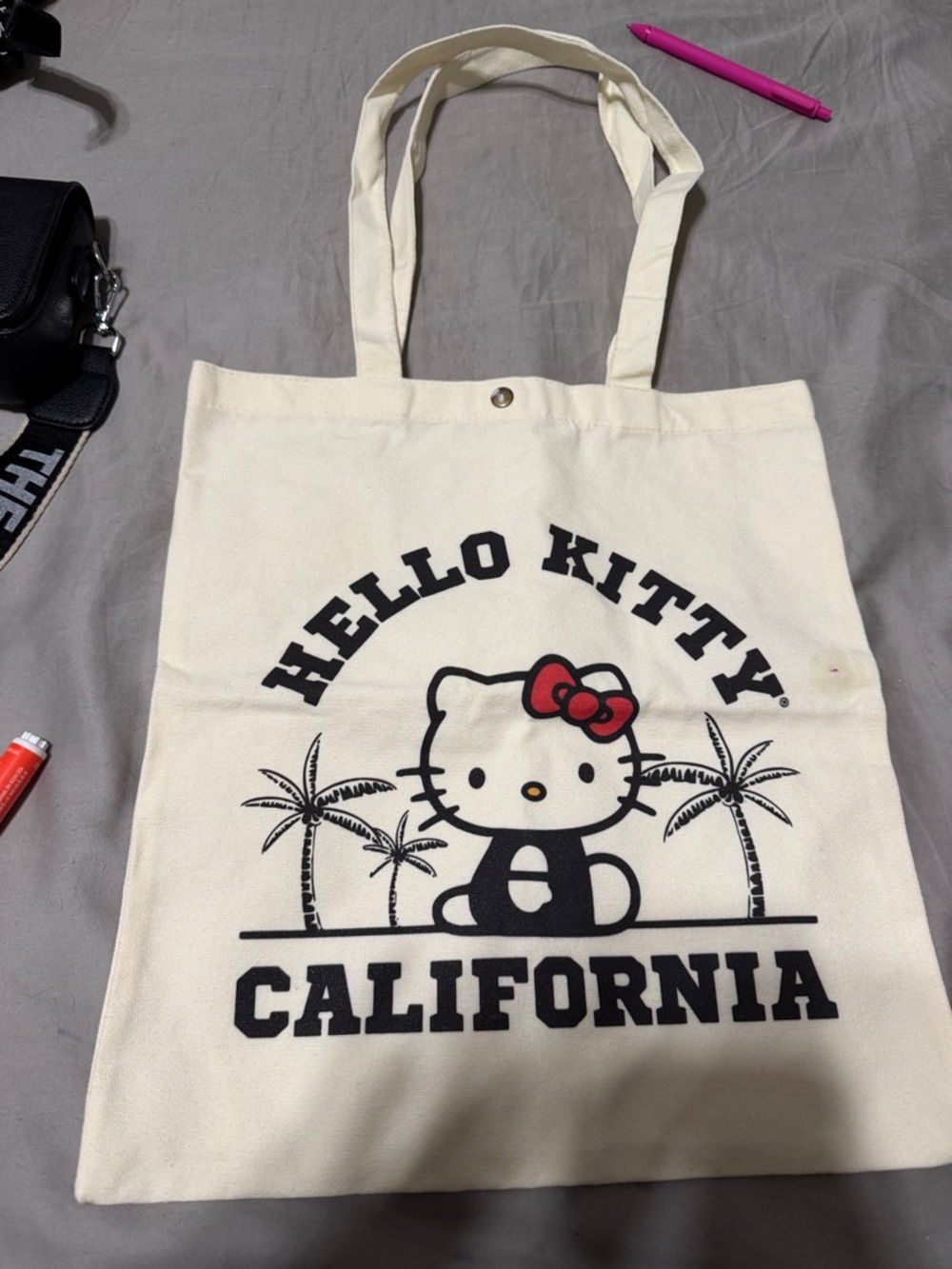 Hello Kitty Cream Tote with Black Print and Red Bow